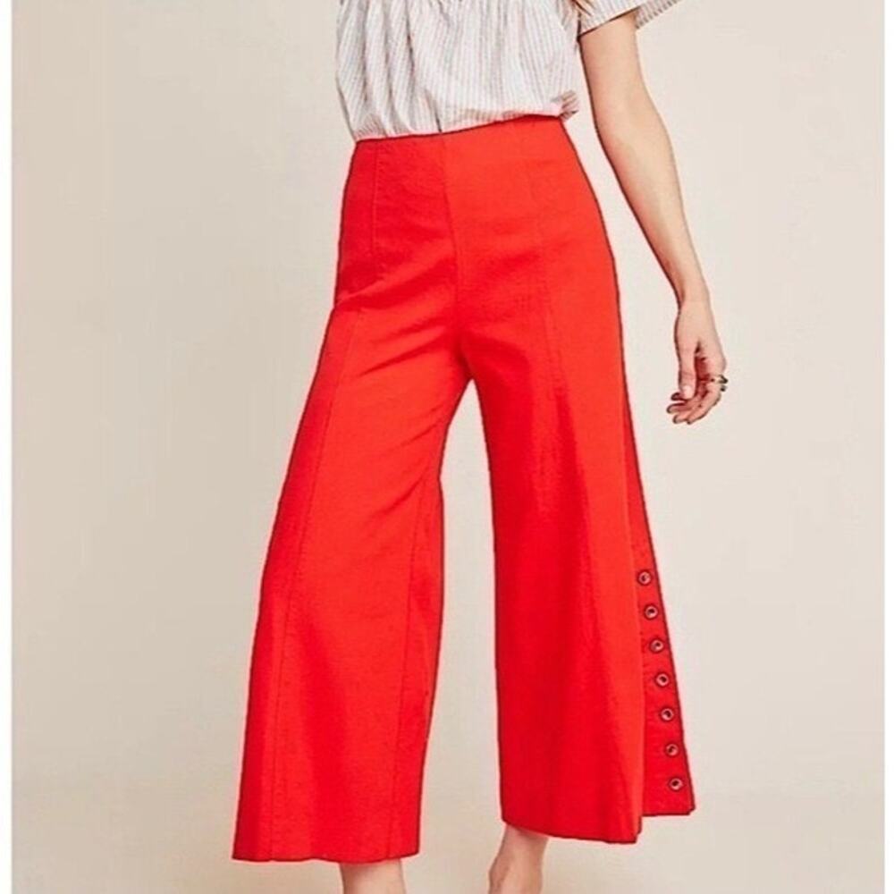 Anthropologie High Rise Linen Culotte Pants Wide Leg Cropped in Red W's Sz. 6